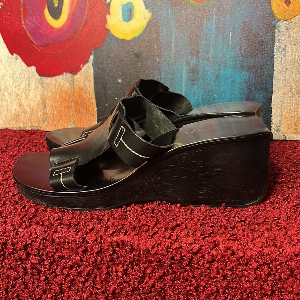 Vintage Y2K Chunky Black Leather & Wooden Block Heel Sandals size 9